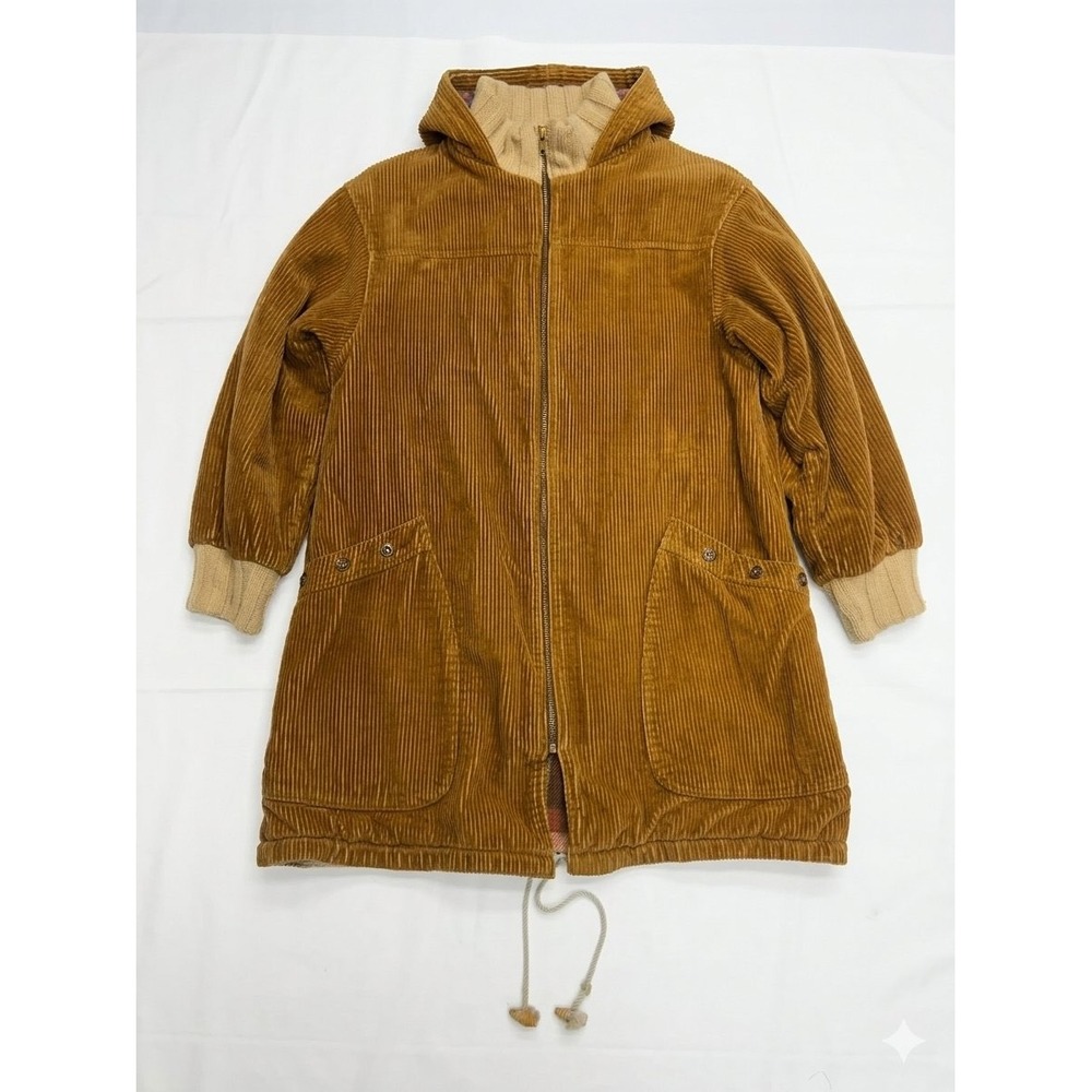 VTG Sears The Fashion Place Corduroy Parka Women M Brown Plaid Lined Hooded